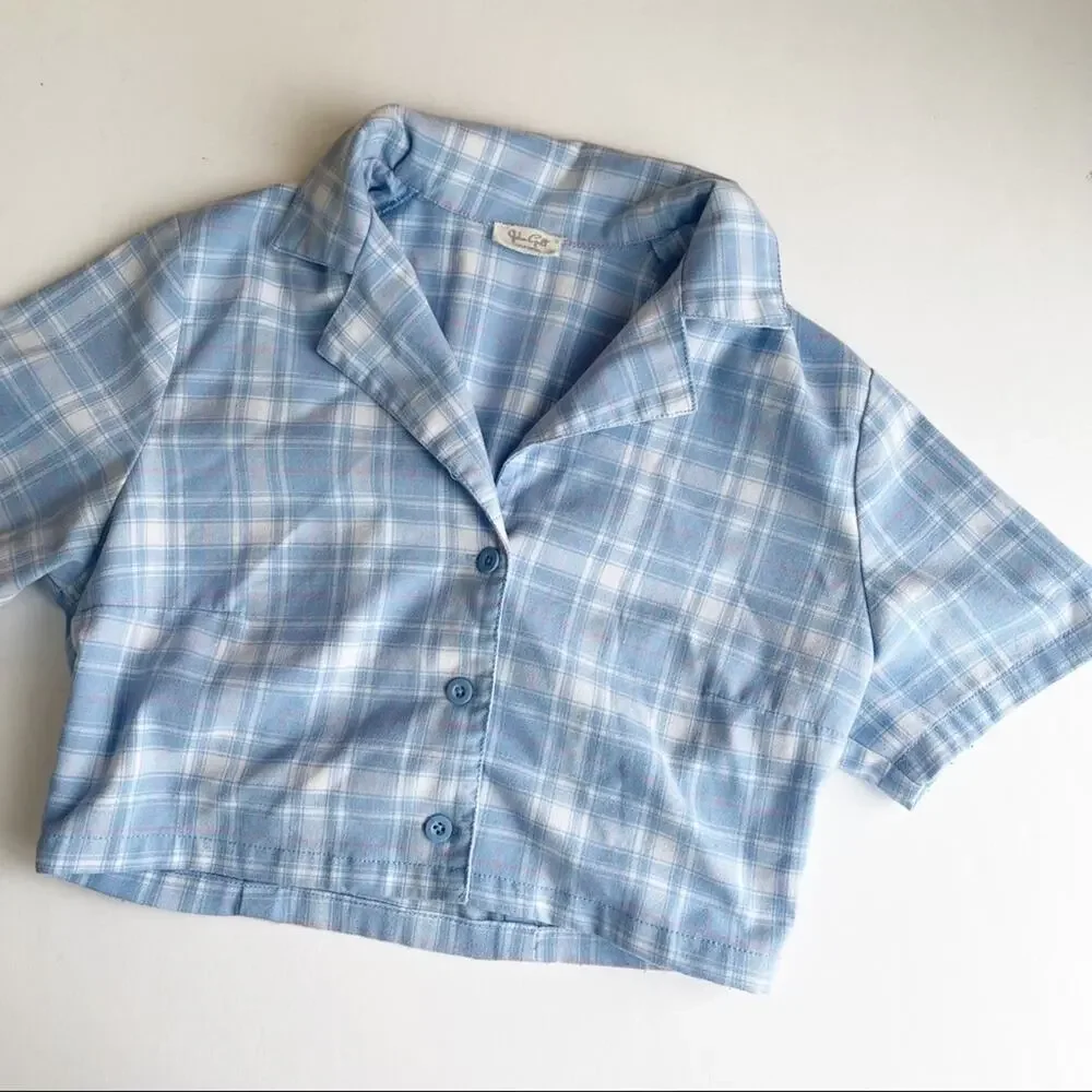 Brandy Melville Blue Plaid Crop Shirt